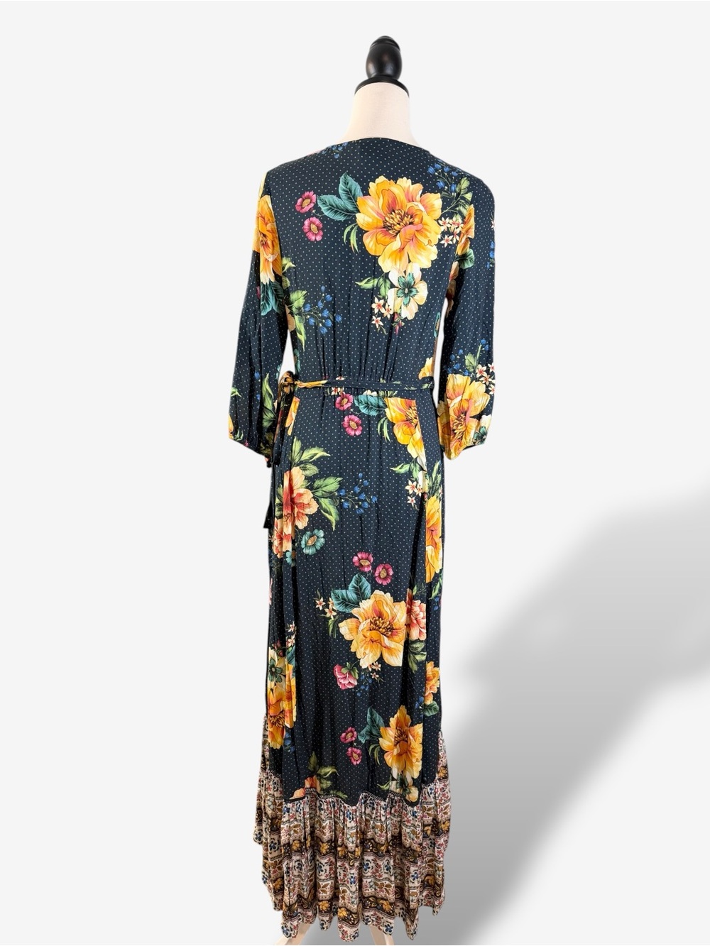 Anthropologie Farm Rio Majorca Wrap Dress Size S Blue Floral Polka Dot Hi Low - Picture 5 of 15